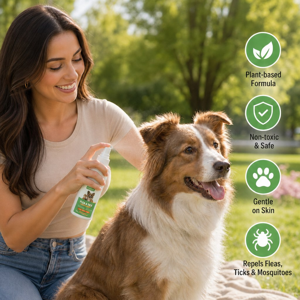 Woman applying repellent spray to dog in park