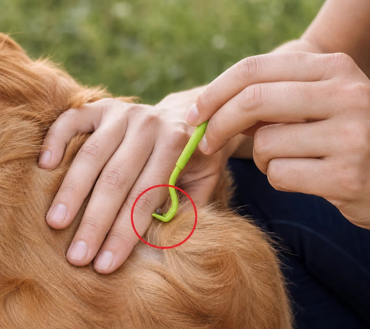 Tick remover tool used on a dog