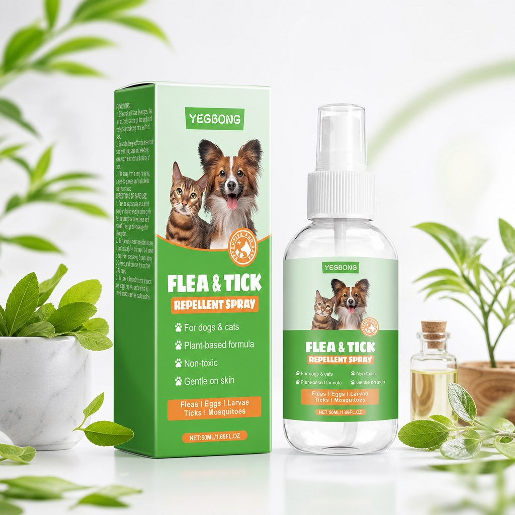 Repellent spray bottle and box with herbs
