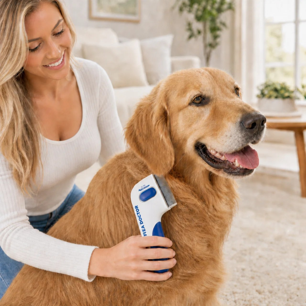 Using the flea comb on a golden retriever